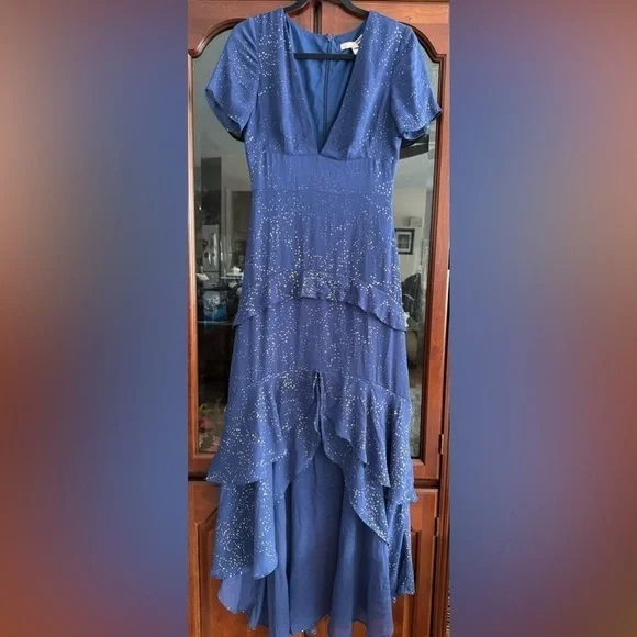 Hutch Tate Blue and gold speckle ruffle layered maxi dress - Picture 3 of 6